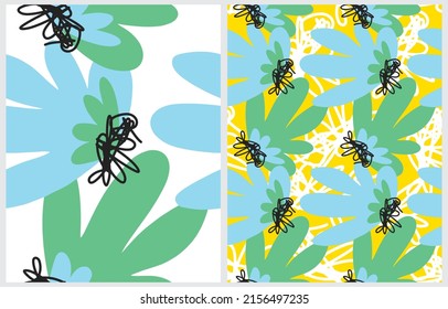 Sencilla Mano Dibuja Patrones Irregulares De Vectores Florales. Flores de escobillas azul claro y verde sobre fondo blanco y amarillo. Impresión de vectores de jardín de estilo infantil abstracto ideal para tela,textil.