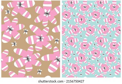 Simple Hand Drawn Irregular Floral Vector Patterns. Freehand Brush Flowers on a Light Brown and Mint Blue Background. Infantile Style Abstract Doodle Garden Vector Print Ideal for Fabric, Textile.
