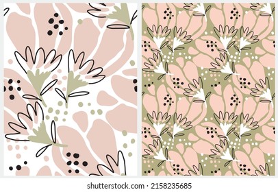 Simple Hand Drawn Irregular Floral Vector Patterns. Light Blush Pink Freehand Brush Flowers on a White and Green Background. Infantile Style Abstract Garden Vector Print Ideal for Fabric,Textile.