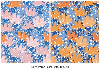 Simple Hand Drawn Irregular Floral Vector Patterns. Pink and Orange Freehand Brush Flowers on a Blue Background. Infantile Style Abstract Garden Vector Print Ideal for Fabric,Textile. Cool Pattern.