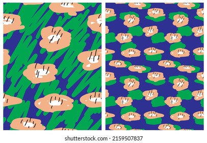 Simple Hand Drawn Irregular Floral Vector Patterns. Freehand Brush Flowers on a Green and Dark Blue Background. Infantile Style Abstract Garden Vector Print Ideal for Fabric,Textile. Cool Pattern.