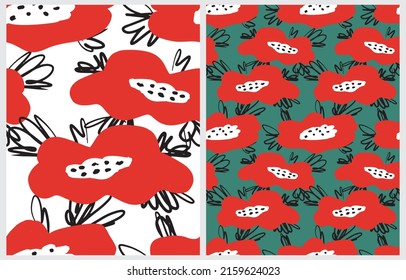 Simple Hand Drawn Irregular Floral Vector Patterns. Red Freehand Brush Flowers on a White and Green Background. Infantile Style Abstract Garden Vector Print Ideal for Fabric.Cool Poppies Pattern. 
