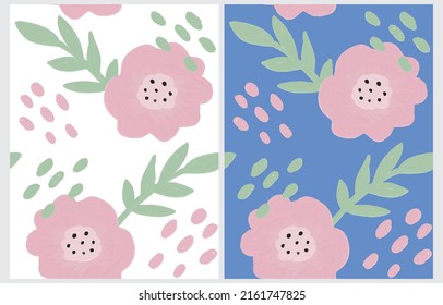 Simple Hand Drawn Irregular Floral Seamless Vector Patterns. Cute Pink Oil Painting Style Flowers on a White and Blue Background. Infantile Abstract Garden Vector Print Ideal for Fabric.Cool Pattern.