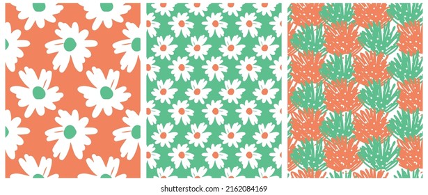 Sencilla Mano Dibuja Patrones De Vectores Irregulares Florales Sin Marea. Flores blancas en un fondo verde y naranja. Impresión de vectores de jardín de estilo infantil abstracto ideal para la tela. Patrón de margarita.