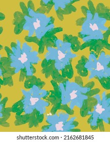 Sencilla Mano Dibuja Patrones De Vectores Irregulares Florales Sin Marea. Flores azules en un fondo amarillo. Impresión de vectores de jardín de estilo infantil abstracto ideal para la tela. Genial patrón de margarita.