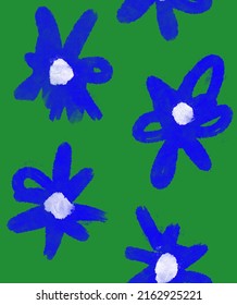 Simple Hand Drawn Irregular Floral Seamless Vector Pattern. Cute Blue Flowers on a Green Background. Infantile Style Abstract Garden Vector Print Ideal for Fabric. Cool Daisy Pattern.
