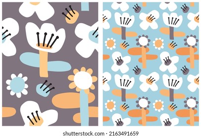 Simple Hand Drawn Irregular Floral Seamless Vector Patterns. Cute White Flowers on a Blue and Pale Brown Background. Infantile Style Abstract Garden Vector Print Ideal for Fabric. Cool Daisy Pattern.