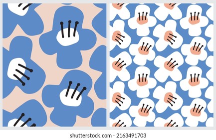 Simple Hand Drawn Irregular Floral Seamless Vector Patterns.Cute White and Blue Flowers on a Blue and Beige Background.Infantile Style Abstract Garden Vector Print Ideal for Fabric.Cool Daisy Pattern.
