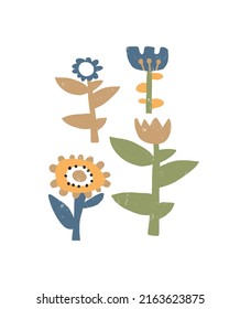 Simple Hand Drawn Irregular Floral Vector Illustration. Cute Gold and Blue Flowers on a White Background. Infantile Style Abstract Garden Vector Print Ideal for Wall Art, Card, Poster, Decoration.