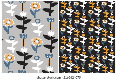 Simple Hand Drawn Irregular Floral Seamless Vector Patterns. Cute White and Blue Flowers on a Gray and Black Background. Infantile Style Abstract Garden Vector Print Ideal for Fabric. Cool Pattern.