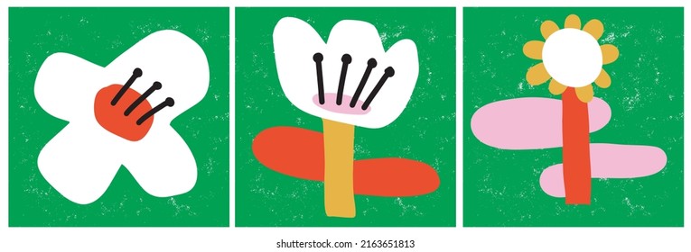 Simple Hand Drawn Irregular Floral Vector Illustrations. Cute White Flowers on a Green Background. Infantile Style Abstract Garden Vector Print Ideal for Wall Art, Card, Poster, Decoration.