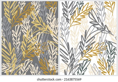 Simple Hand Drawn Irregular Floral Seamless Vector Patterns. Cute Sketched Leaves on a White and Gray Background. Infantile Style Abstract Vector Print Ideal for Fabric. Cool Pattern.