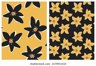 Simple Hand Drawn Irregular Floral Seamless Vector Patterns. Cute Flowers on a Black and Warm Yellow Background. Infantile Style Abstract Garden Vector Print Ideal for Fabric.Cool Florers Pattern.