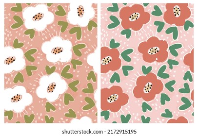 Simple Hand Drawn Irregular Floral Seamless Vector Patterns. Cute White and Red Flowers on a Blush and Light Pink Background. Infantile Style Abstract Garden Vector Print Ideal for Fabric.