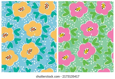 Simple Hand Drawn Irregular Floral Seamless Vector Patterns. Cute Pink and Yellow Flowers on a Blue and Light Green Background. Infantile Style Abstract Garden Vector Print Ideal for Fabric.