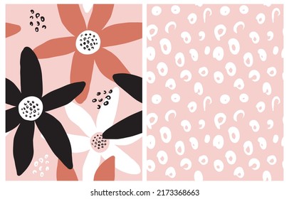 Simple Hand Drawn Irregular Floral and Wild Cat Skin Seamless Vector Pattern. Leopard Spots Print. Cute White and Red Flowers on a Light Pink Background. Infantile Style Abstract Garden Vector Print.