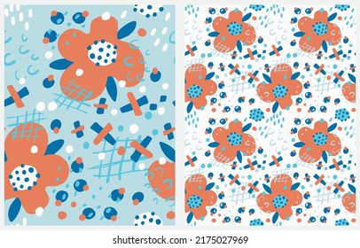 Simple Hand Drawn Irregular Floral Seamless Vector Patterns. Cute Red Flowers on a White and Light Blue Background. Infantile Style Abstract Garden Vector Print Ideal for Fabric.