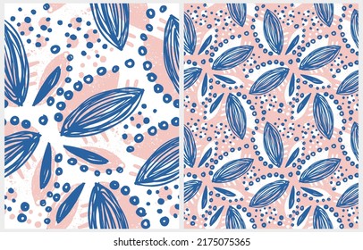 Simple Hand Drawn Irregular Floral Seamless Vector Patterns. Cute Abstract Leaves and Spots on a Pink and White Background. Infantile Style Abstract Grunge Garden Vector Print Ideal for Fabric.