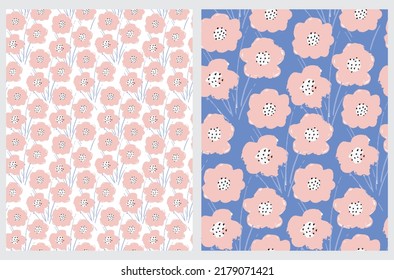 Simple Hand Drawn Irregular Floral Seamless Vector Patterns. Cute Abstract Pink Flowers on a White and Blue Background. Infantile Style Abstract Garden Vector Print Ideal for Fabric.