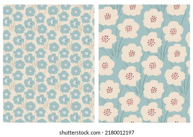 Simple Hand Drawn Irregular Floral Seamless Vector Patterns. Cute Abstract Flowers on a Mint Green and Light Beige Background. Infantile Style Abstract Garden Vector Print Ideal for Fabric.
