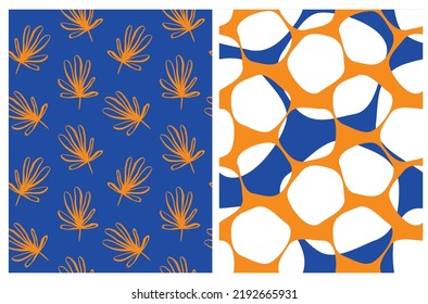 Simple Hand Drawn Irregular Floral and Geometric Vector Patterns. Orange, White and Blue Dots and Tropical Leaves on an Orange and Dark Blue Background. Infantile Style Abstract Dotted Vector Print.