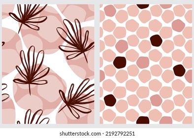 Simple Hand Drawn Irregular Floral and Geometric Vector Patterns. Brown, White and Pastel Pink Dots and Tropical Leaves on a White Background. Infantile Style Abstract Dotted Vector Print.