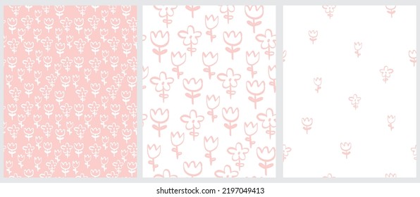 Simple Hand Drawn Irregular Floral Seamless Vector Patterns.Freehand Brush Daisy and Tulip Flowers isolated on a White and Pastel Pink Background.Infantile Style Pink Abstract Garden Print.