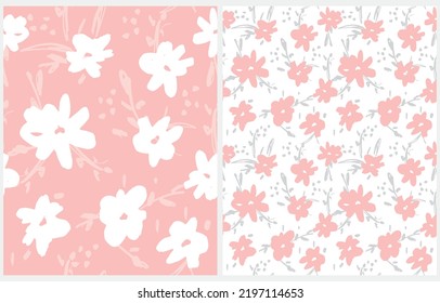 Simple Hand Drawn Irregular Floral Vector Patterns.Freehand Brush Flowers isolated on a White and Pastel Pink Background. Infantile Style Abstract Garden Print ideal for Fabric, Textile.