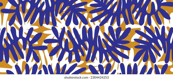 Sencillo Patrón De Vector Irregular Floral De Seamless. El Boho Real Azul y Blanco deja aislado en un fondo naranja dorado. Sencillo Resumen De Diseño Repetible De Jardín. Impresión Indefinida Floral.