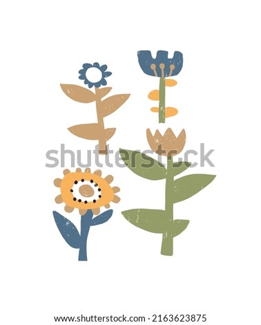 Simple Hand Drawn Irregular Floral Vector Illustration. Cute Gold and Blue Flowers on a White Background. Infantile Style Abstract Garden Vector Print Ideal for Wall Art, Card, Poster, Decoration.