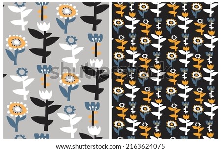 Simple Hand Drawn Irregular Floral Seamless Vector Patterns. Cute White and Blue Flowers on a Gray and Black Background. Infantile Style Abstract Garden Vector Print Ideal for Fabric. Cool Pattern.