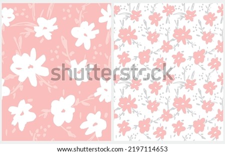 Simple Hand Drawn Irregular Floral Vector Patterns.Freehand Brush Flowers isolated on a White and Pastel Pink Background. Infantile Style Abstract Garden Print ideal for Fabric, Textile.