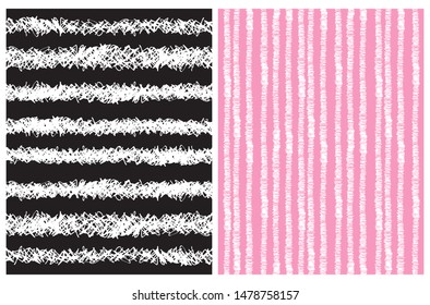 Simple Hand Drawn Irregular Geometric Patterns. White Horizontal and Vertical Stripes Isolated on a Pink and Black Background. Children's Scrawl Like Repeatable Design. Brush Style Lines.