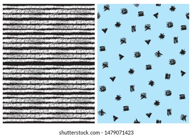 Simple Hand Drawn Irregular Geometric Patterns. White Horizontal Stripes on a Black Background. Black Brush Style Spots Isolated on a Light Blue Background. Children's Scrawl Like Repeatable Design. 