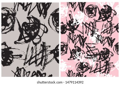 Simple Hand Drawn Irregular Geometric Patterns. White and Black Brush Style Spots Isolated on a Pink and Gray  Background. Ink Scrawl Repeatable Design Ideal for Fabric, Textile, Wrapping Paper. 