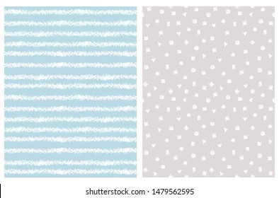 Simple Hand Drawn Irregular Geometric Patterns. White Horizontal Stripes and Brush Style Spots Isolated on a Light Blue and Light Gray Background. Children's Scrawl Like Repeatable Design. 