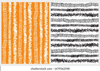 Simple Hand Drawn Irregular Geometric Patterns. White and BlackHorizontal and Vertical Stripes Isolated on an Orange and White Background. Children's Scrawl Like Repeatable Design. Brush Style Lines.