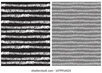 Simple Hand Drawn Irregular Geometric Patterns. White Horizontal Stripes Isolated on a Black and Dark Gray Background. Children's Scrawl Like Repeatable Design. Brush Style Lines.