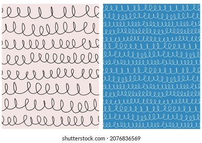 Einfache handgezeichnete, unregelmäßige geometrische Muster nahtloser Vektormuster. Weiße und schwarze Linien mit Schleifen auf blauem und hellbeigem Hintergrund. Cute Infantile Repetable Design. 
