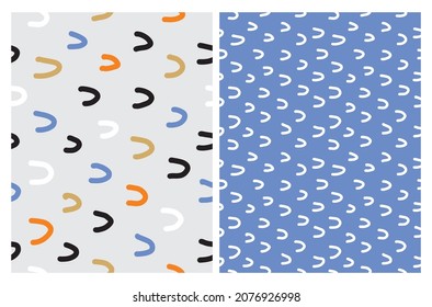 Simple Hand Drawn Irregular Geometric Seamless Vector Patterns. White, Black and Yellow Arcs on a Blue and Light Gray Background. Cute Infantile Repeatable Design ideal for Fabric, Textile.