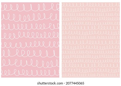 Simple Hand Drawn Irregular Geometric Seamless Vector Patterns. White Freehand Lines with Loops on a Pastel Pink and Blush Pink Background. Cute Infantile Repeatable Design. 