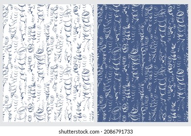 Simple Hand Drawn Irregular Geometric Seamless Vector Patterns. Confetti Swirls Isolated on a White and Dark Blue Background. Cute Infantile Repeatable Design ideal for Fabric, Textile.