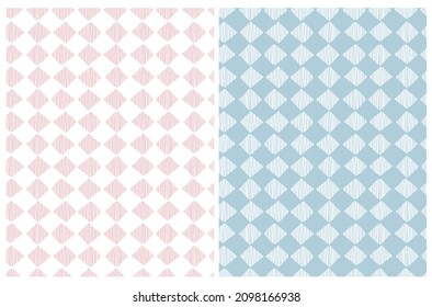 Patrones de vectores Geométricos Irregulares Dibujados A Mano Simple. Diamantes manos libres blancos y rosados en un fondo azul y blanco pastel. Impresión de vectores abstractos de estilo infantil ideal para tela, textil, cubierta.