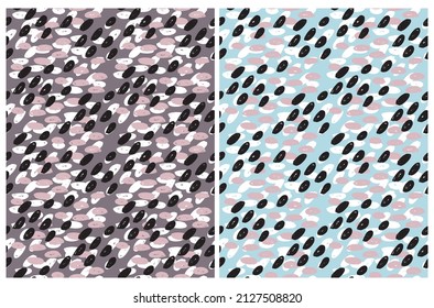 Simple Hand Drawn Irregular Geometric Vector Patterns. Pink, White and Black Spots on a Blue and Brown Background. Infantile Style Abstract Dotted Vector Print Ideal for Fabric, Textile, Cover.