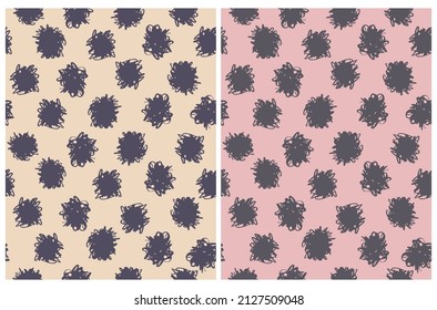 Simple Hand Drawn Irregular Geometric Vector Patterns. Brown Spots Made of Scribbles on a Light Pink and Beige Background. Infantile Style Abstract Dotted Vector Print Ideal for Fabric, Textile.