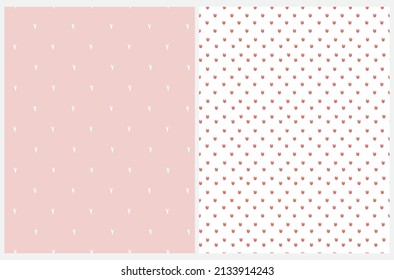 Simple Hand Drawn Irregular Geometric Vector Patterns. Freehand White Hearts and Red Flowers on a Pastel Pink and White Background. Infantile Style Abstract Vector Print Ideal for Fabric, Textile.