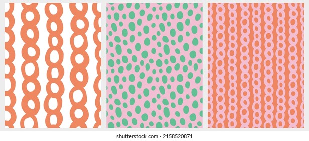 Patrones de vectores Geométricos Irregulares Dibujados A Mano Simple. Pincel de puntos y cadena en un fondo blanco, rosado y naranja. Impresión de vectores de Doodle abstractos de estilo infantil ideal para el tejido,patrón Textile.Cool.