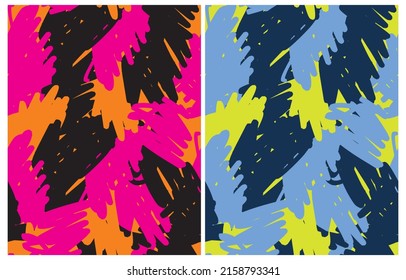 Simple Hand Drawn Irregular Geometric Vector Patterns. Pink, Orange and Blue Scribbles on a Black and Green Background. Infantile Style Abstract Dotted Vector Print ideal for Fabric. Cool Pattern.