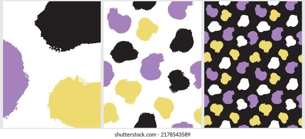 Simple Hand Drawn Irregular Geometric Vector Patterns and Layout. Violet, Black and Yellow Spots on a Black and White Background. Infantile Style Abstract Leopard Skin Vector Print. Non-binary colors.