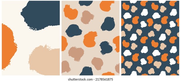 Simple Hand Drawn Irregular Geometric Vector Patterns and Layout. Orange, Brown and Blue Spots on a Beige and Dark Blue Background. Infantile Style Abstract Leopard Skin Vector Print. 